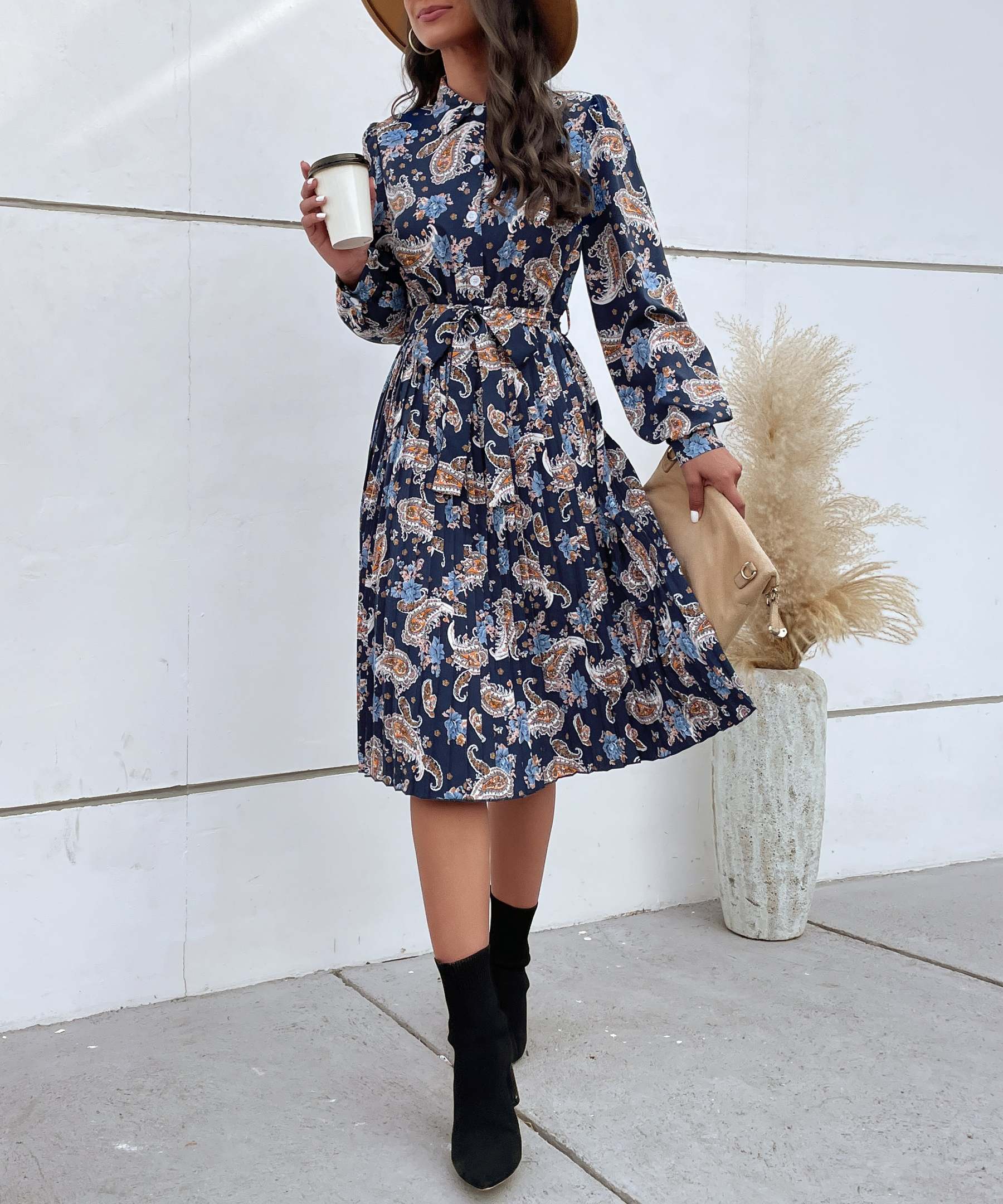 Paisley Print Pleated Hem Belted Midi Dress