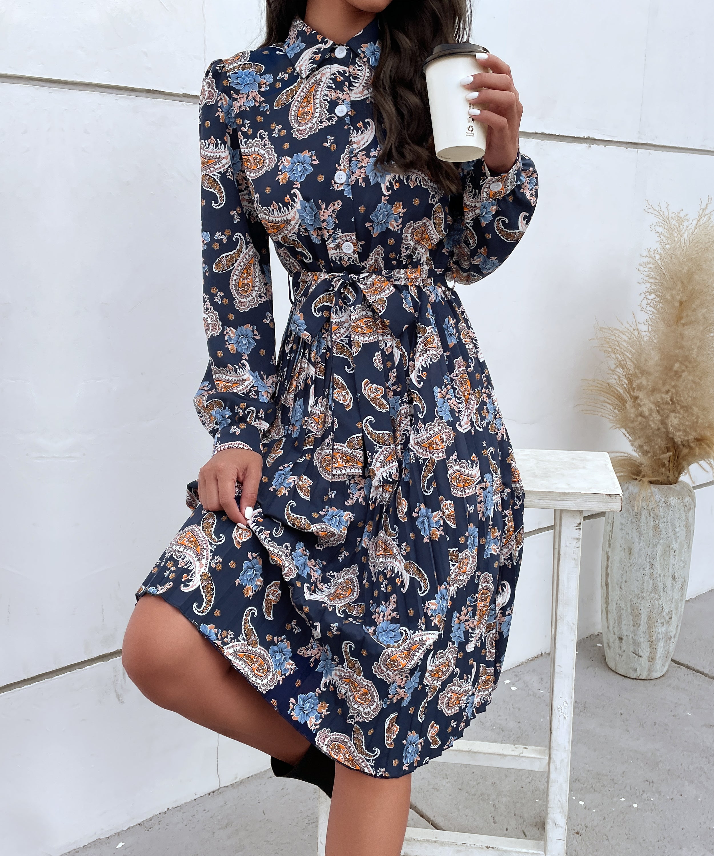 Paisley Print Pleated Hem Belted Midi Dress