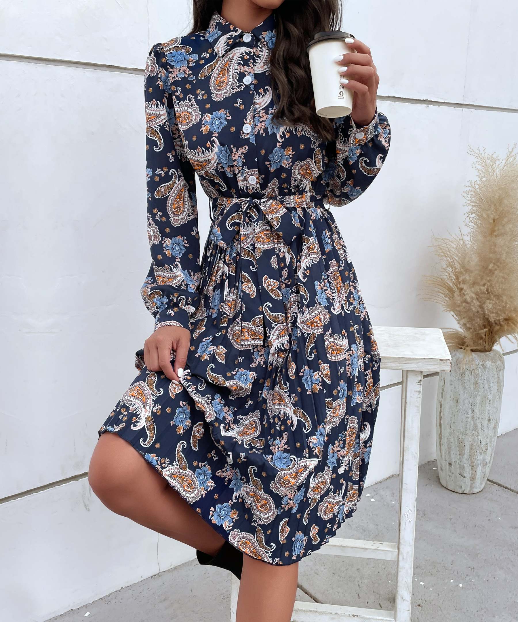 Paisley Print Pleated Hem Belted Midi Dress