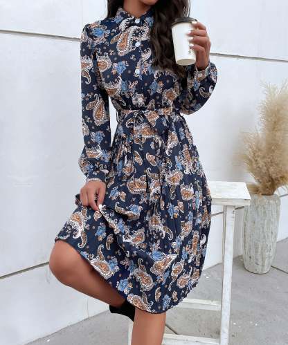 Paisley Print Pleated Hem Belted Midi Dress