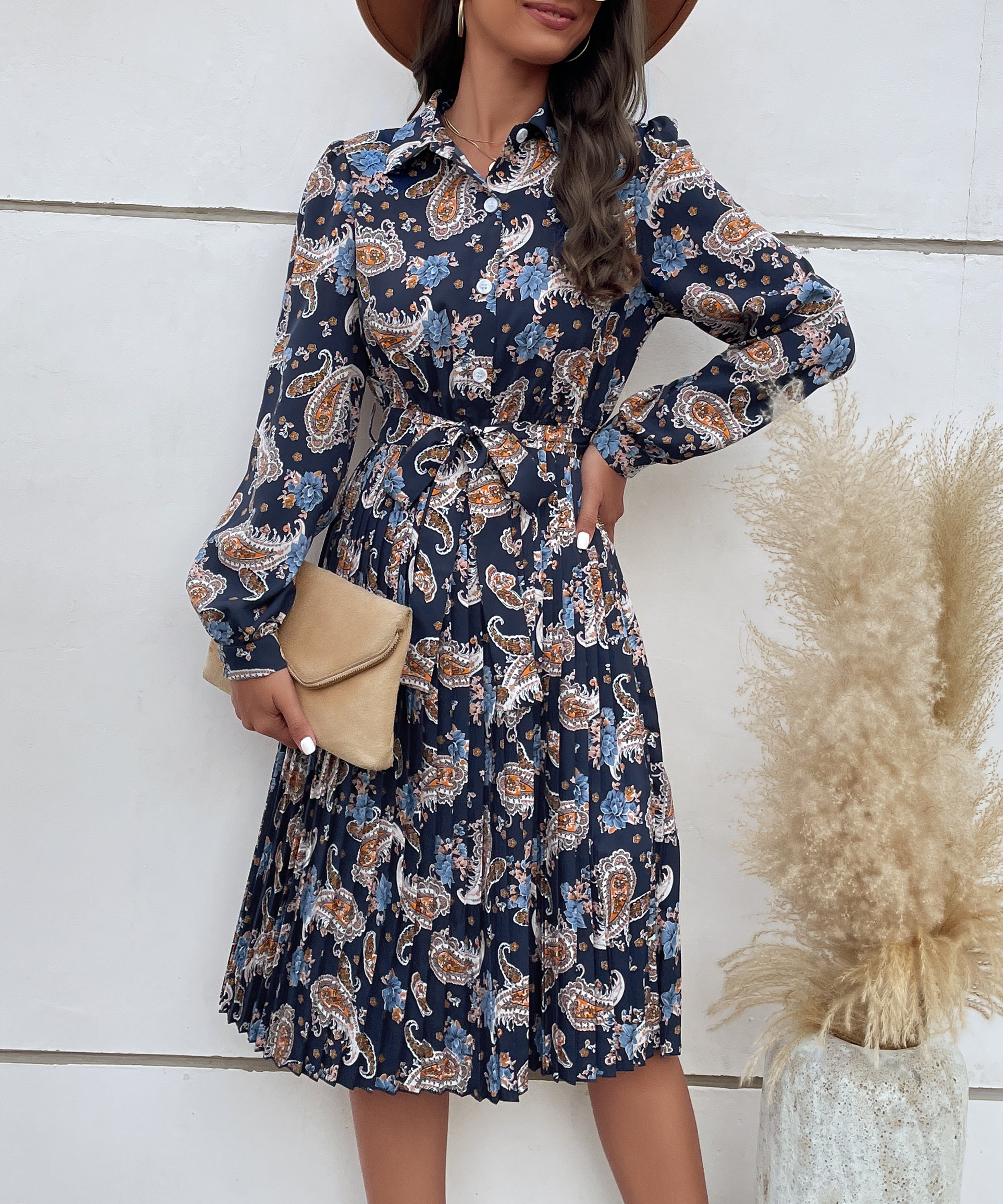 Paisley Print Pleated Hem Belted Midi Dress