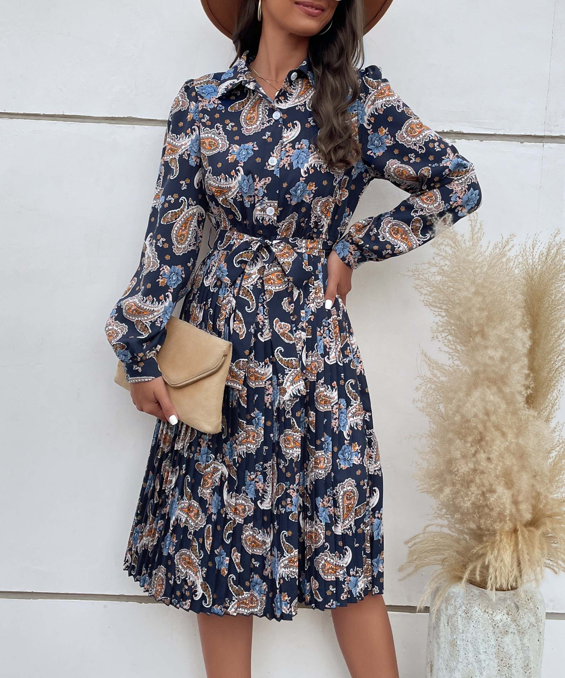 Paisley Print Pleated Hem Belted Midi Dress