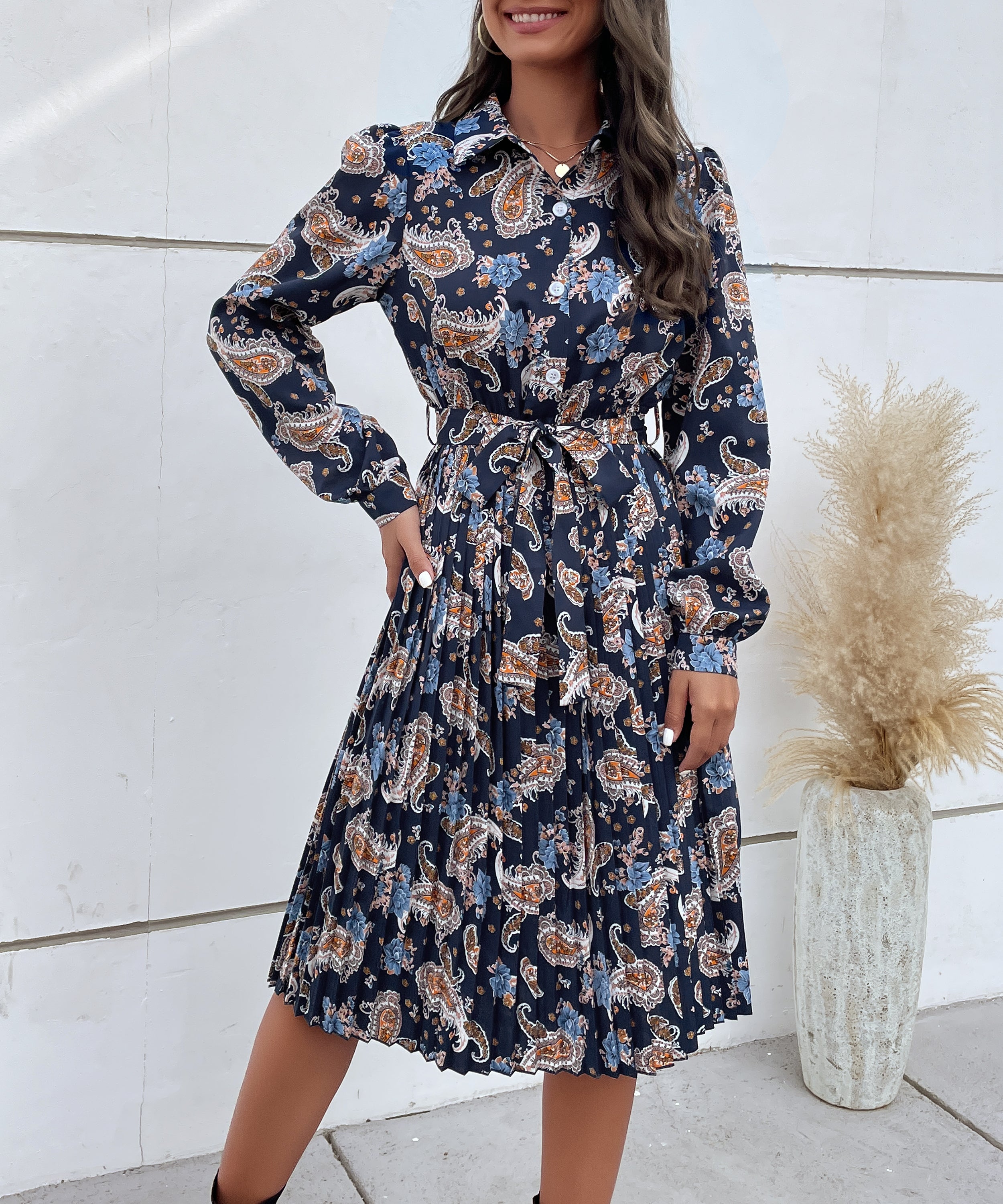 Paisley Print Pleated Hem Belted Midi Dress
