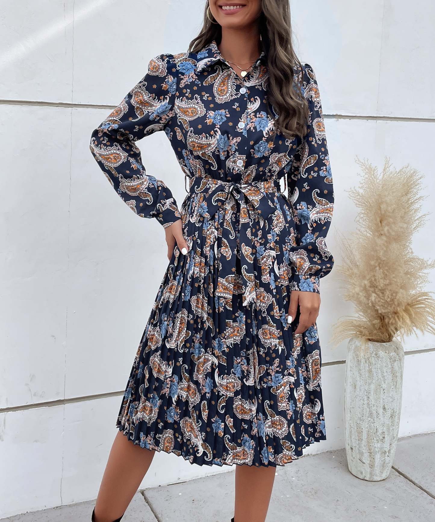 Paisley Print Pleated Hem Belted Midi Dress