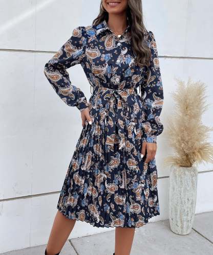 Paisley Print Pleated Hem Belted Midi Dress