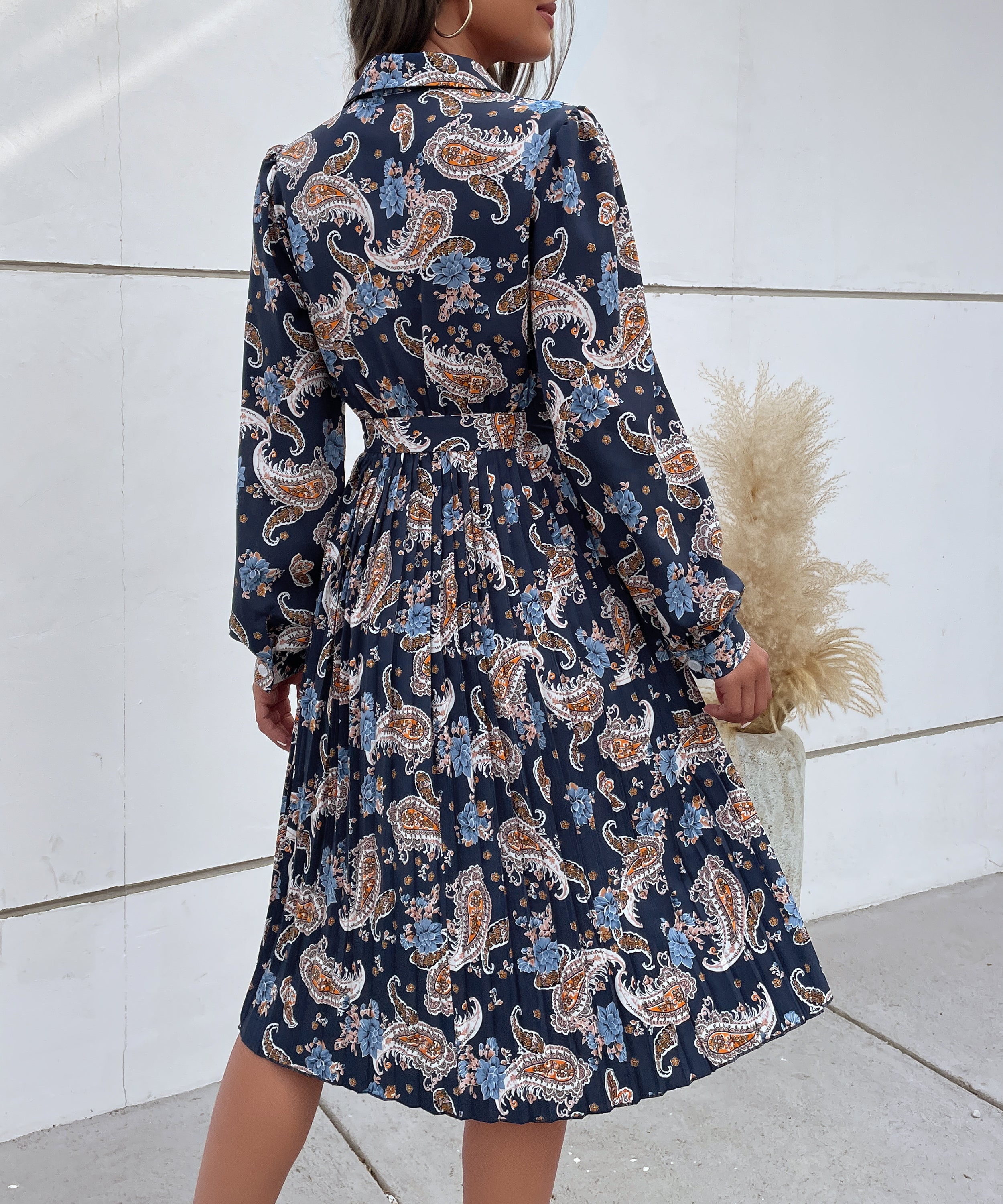 Paisley Print Pleated Hem Belted Midi Dress