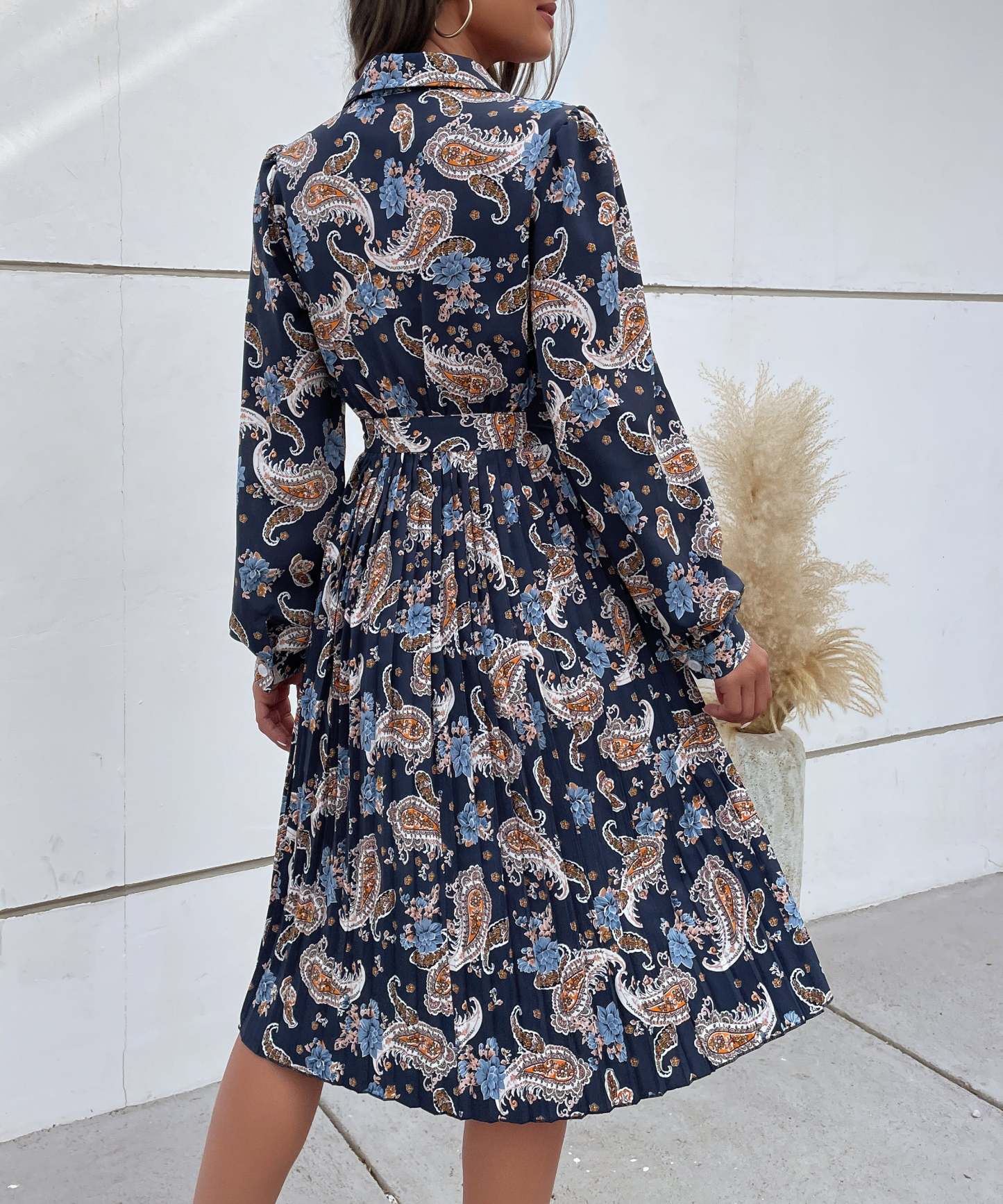 Paisley Print Pleated Hem Belted Midi Dress