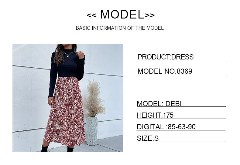 Colorblock Graphic Print  Gigot Sleeve A-line Midi Dress