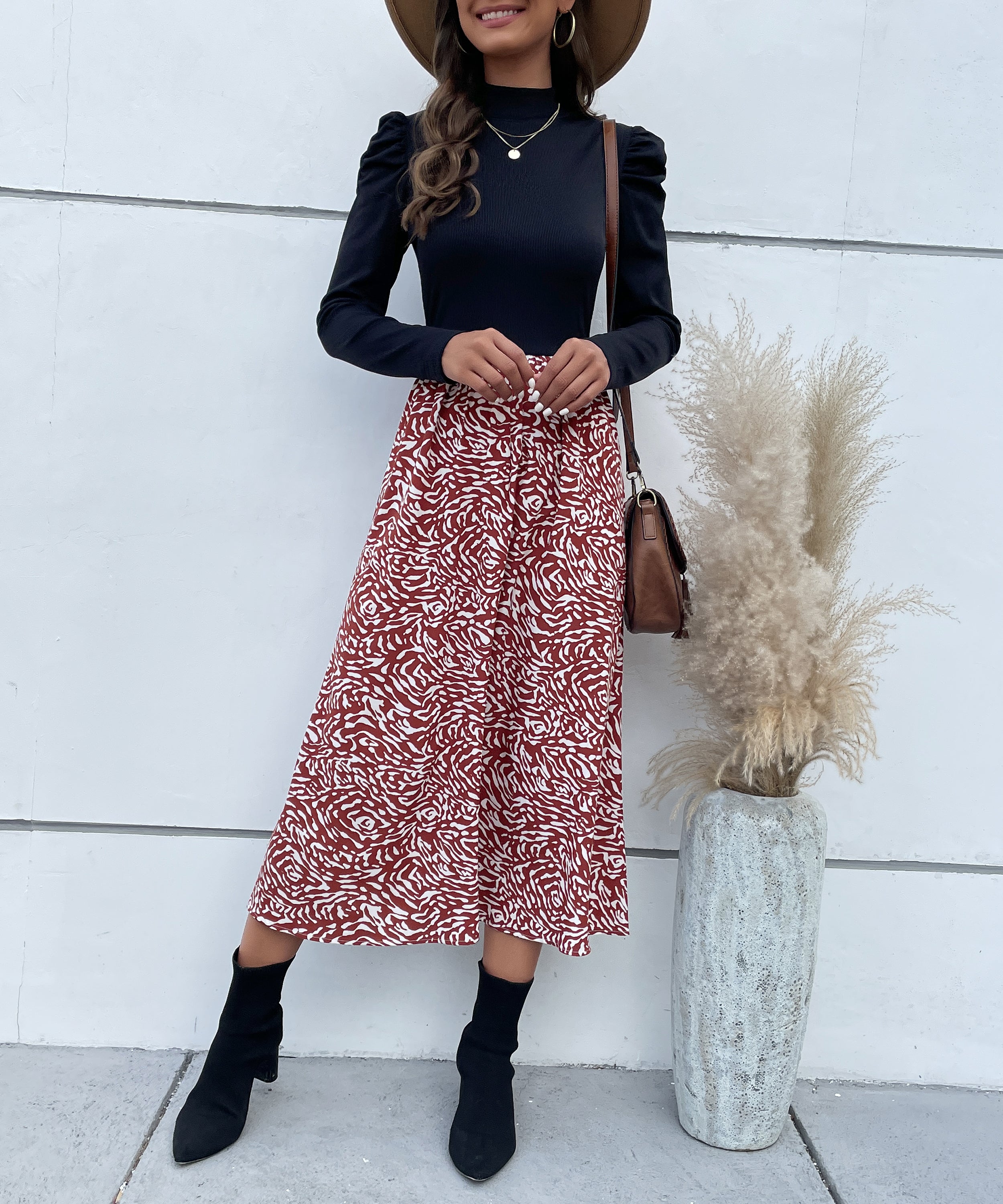 Colorblock Graphic Print  Gigot Sleeve A-line Midi Dress