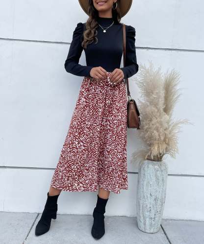 Colorblock Graphic Print  Gigot Sleeve A-line Midi Dress