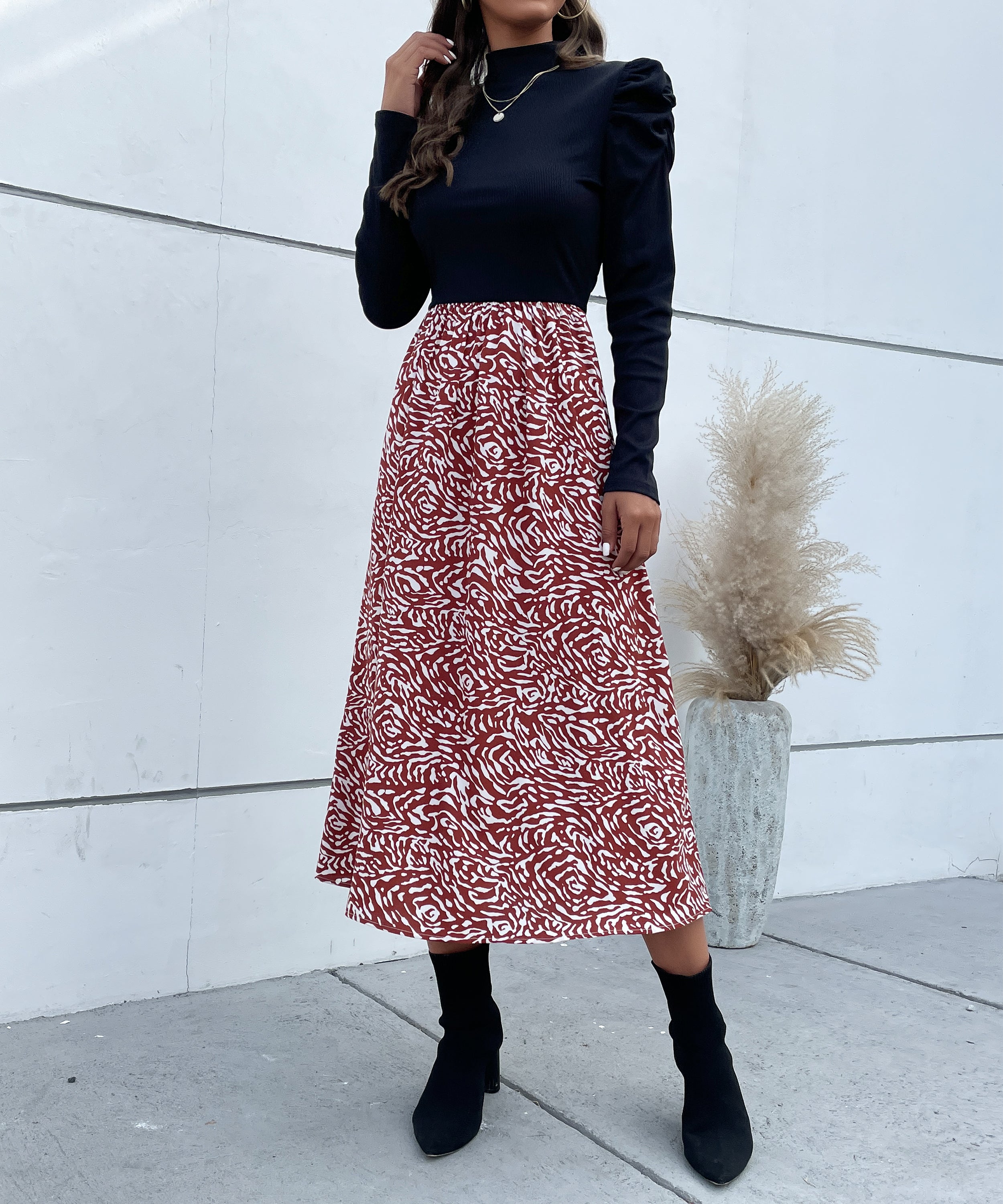 Colorblock Graphic Print  Gigot Sleeve A-line Midi Dress