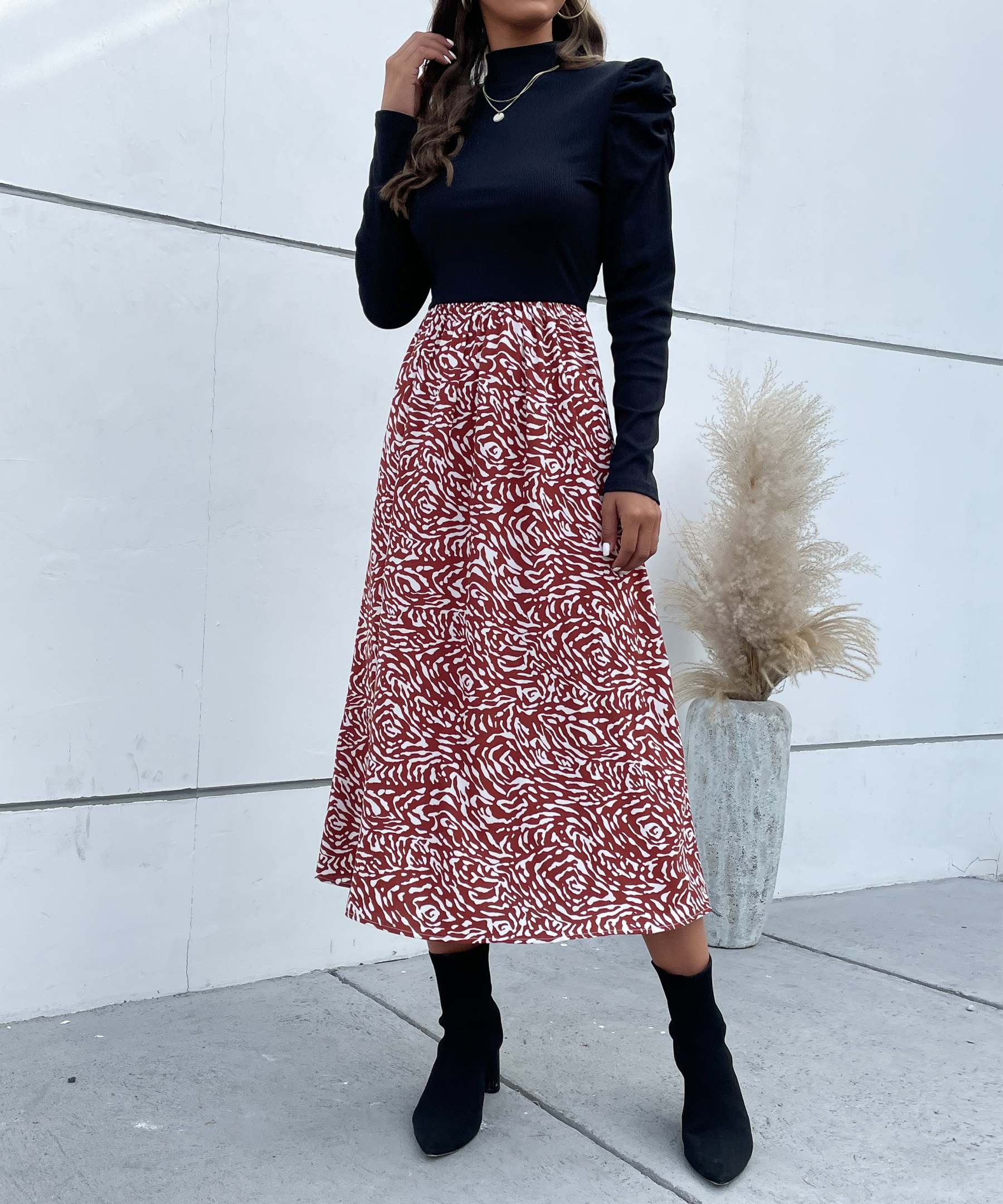 Colorblock Graphic Print  Gigot Sleeve A-line Midi Dress