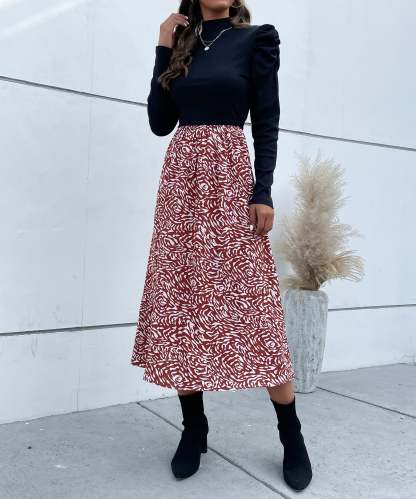 Colorblock Graphic Print  Gigot Sleeve A-line Midi Dress