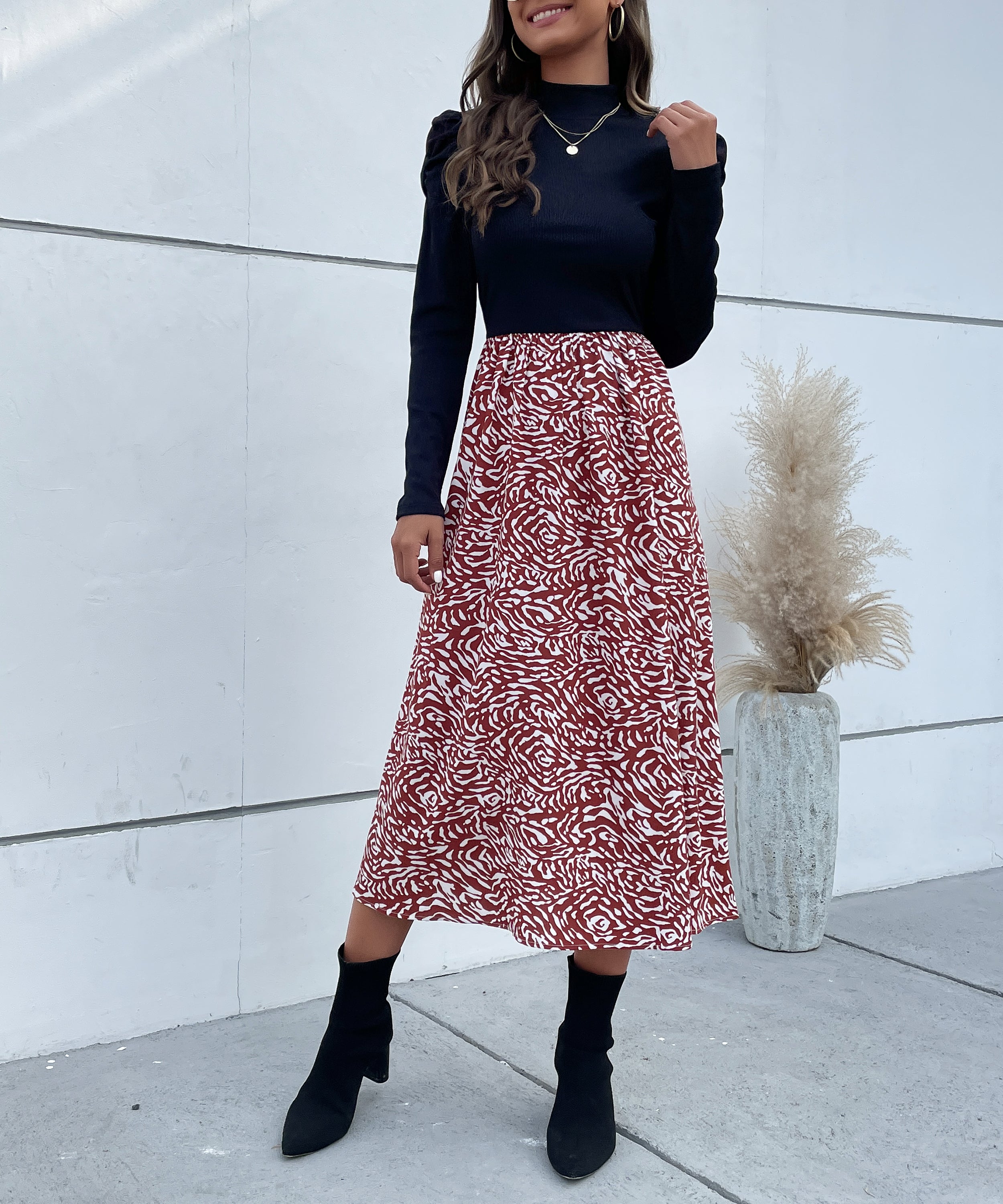 Colorblock Graphic Print  Gigot Sleeve A-line Midi Dress