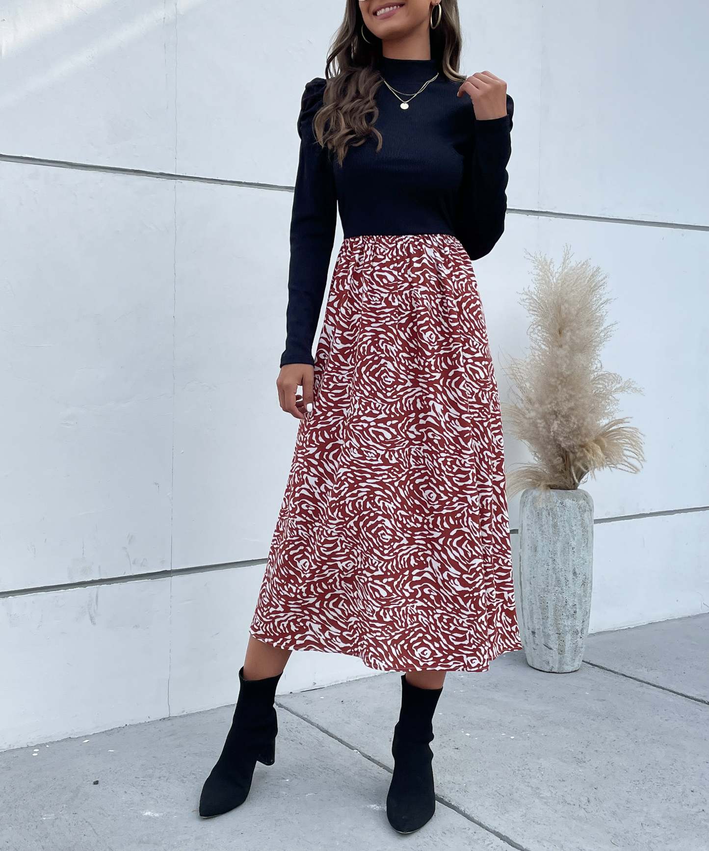 Colorblock Graphic Print  Gigot Sleeve A-line Midi Dress