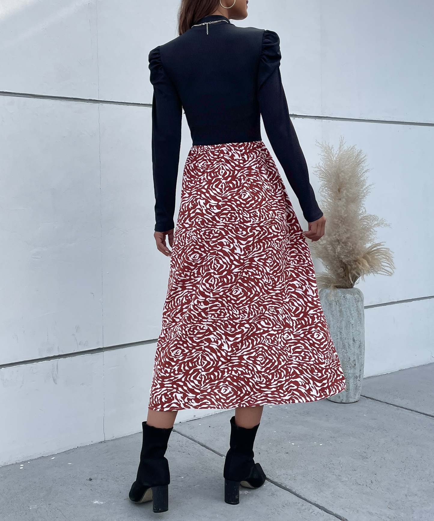 Colorblock Graphic Print  Gigot Sleeve A-line Midi Dress