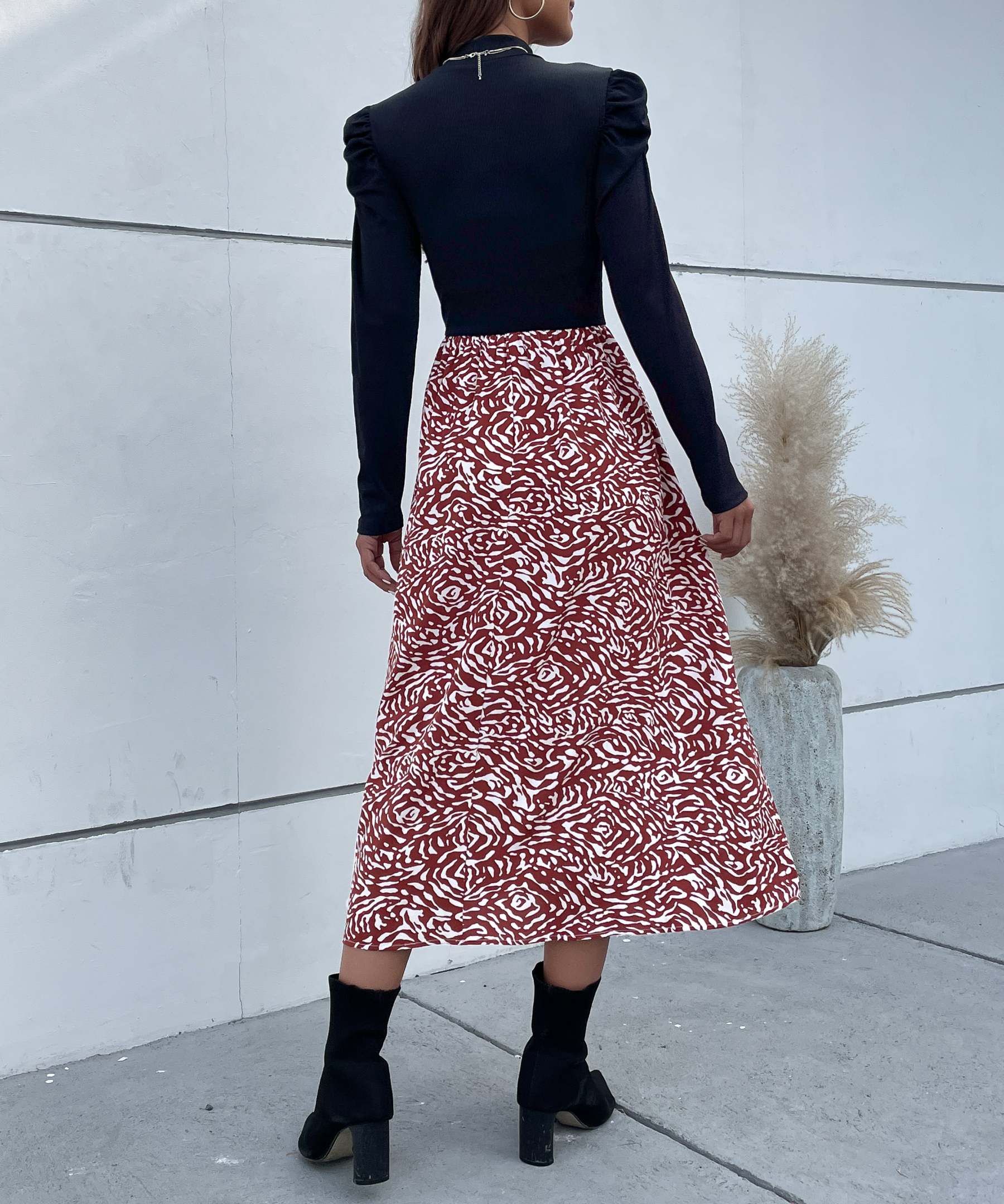 Colorblock Graphic Print  Gigot Sleeve A-line Midi Dress