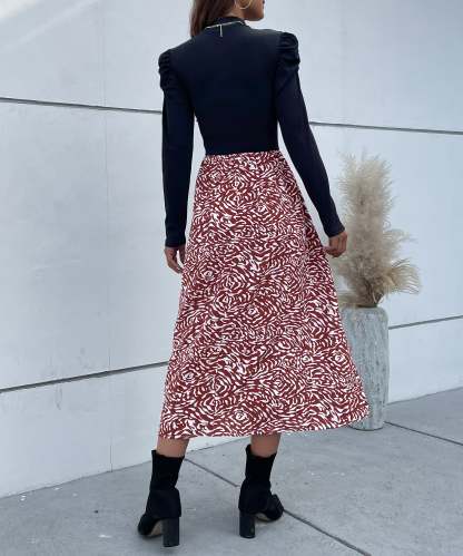 Colorblock Graphic Print  Gigot Sleeve A-line Midi Dress