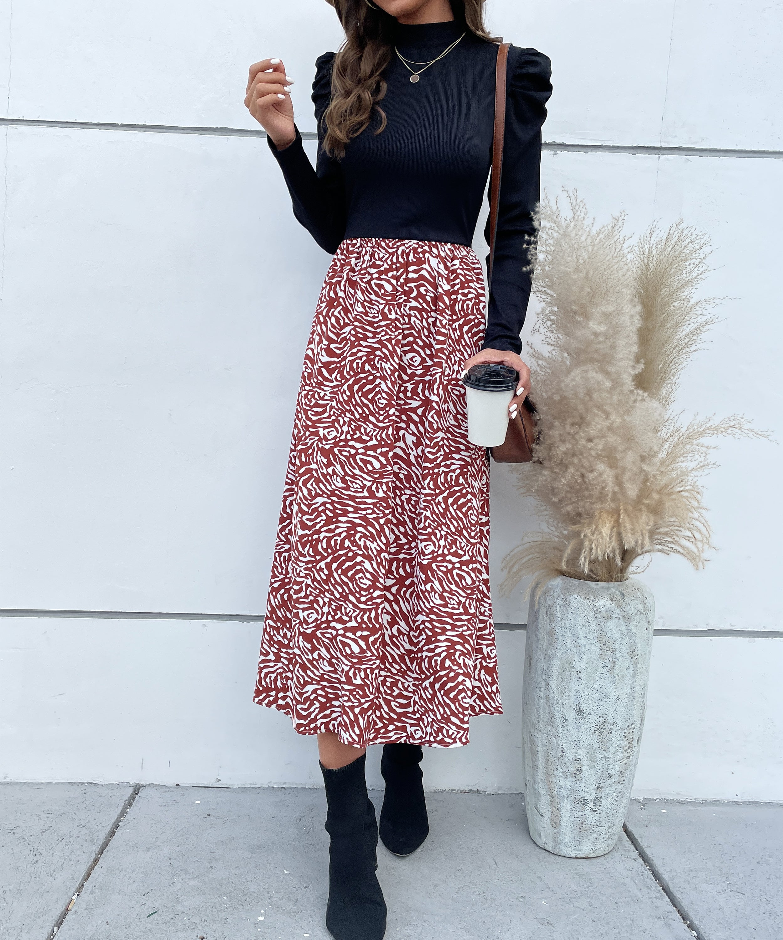 Colorblock Graphic Print  Gigot Sleeve A-line Midi Dress