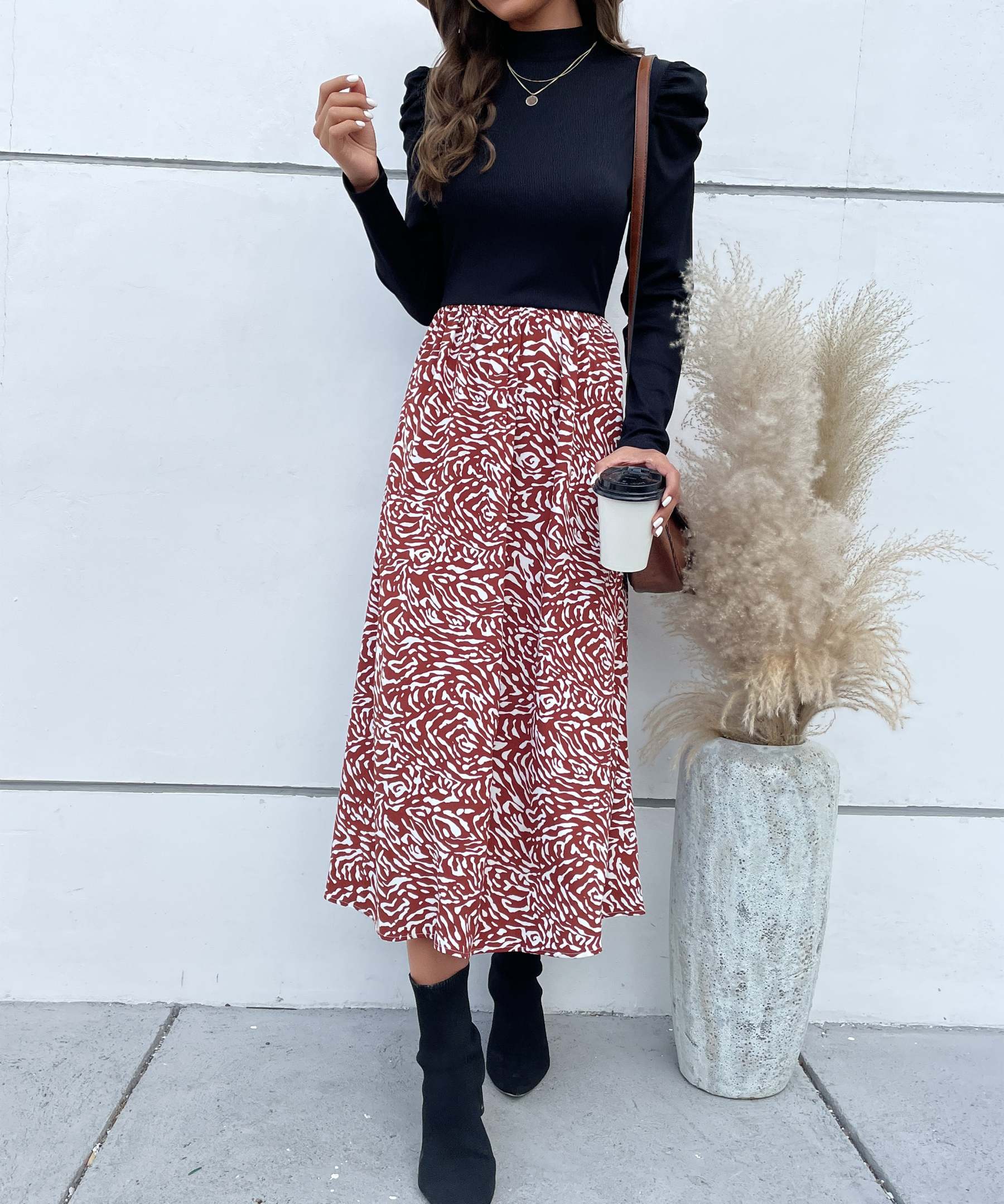 Colorblock Graphic Print  Gigot Sleeve A-line Midi Dress