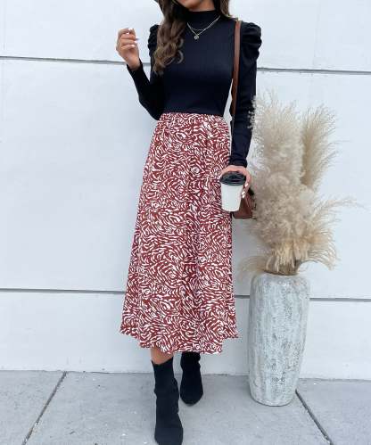 Colorblock Graphic Print  Gigot Sleeve A-line Midi Dress