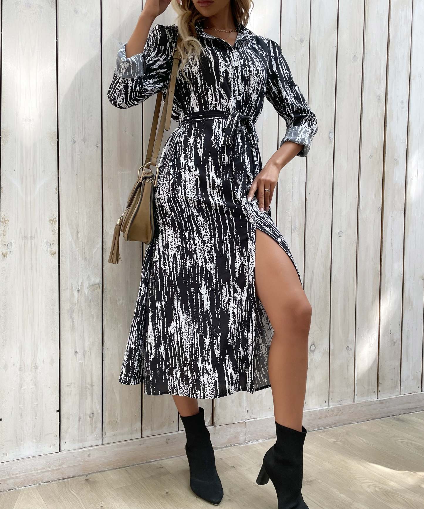 Allover Print Button Front Belted Shirt MidiDress