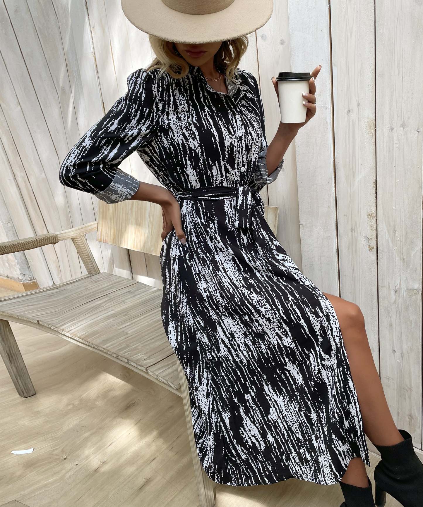 Allover Print Button Front Belted Shirt MidiDress