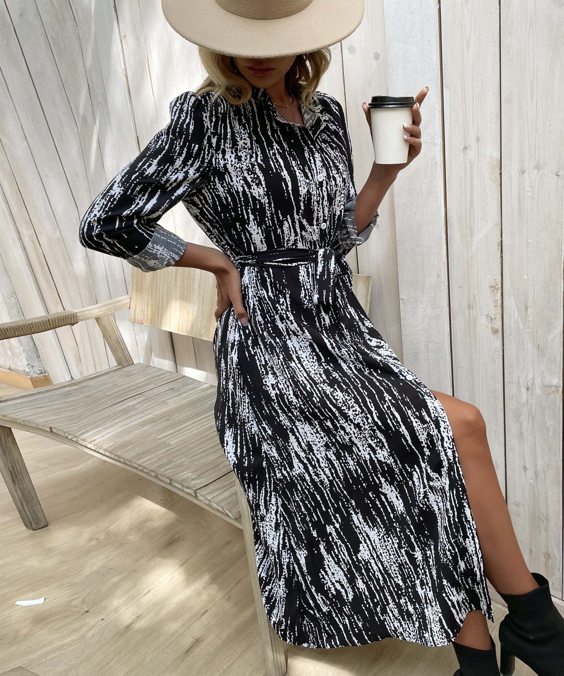 Allover Print Button Front Belted Shirt MidiDress