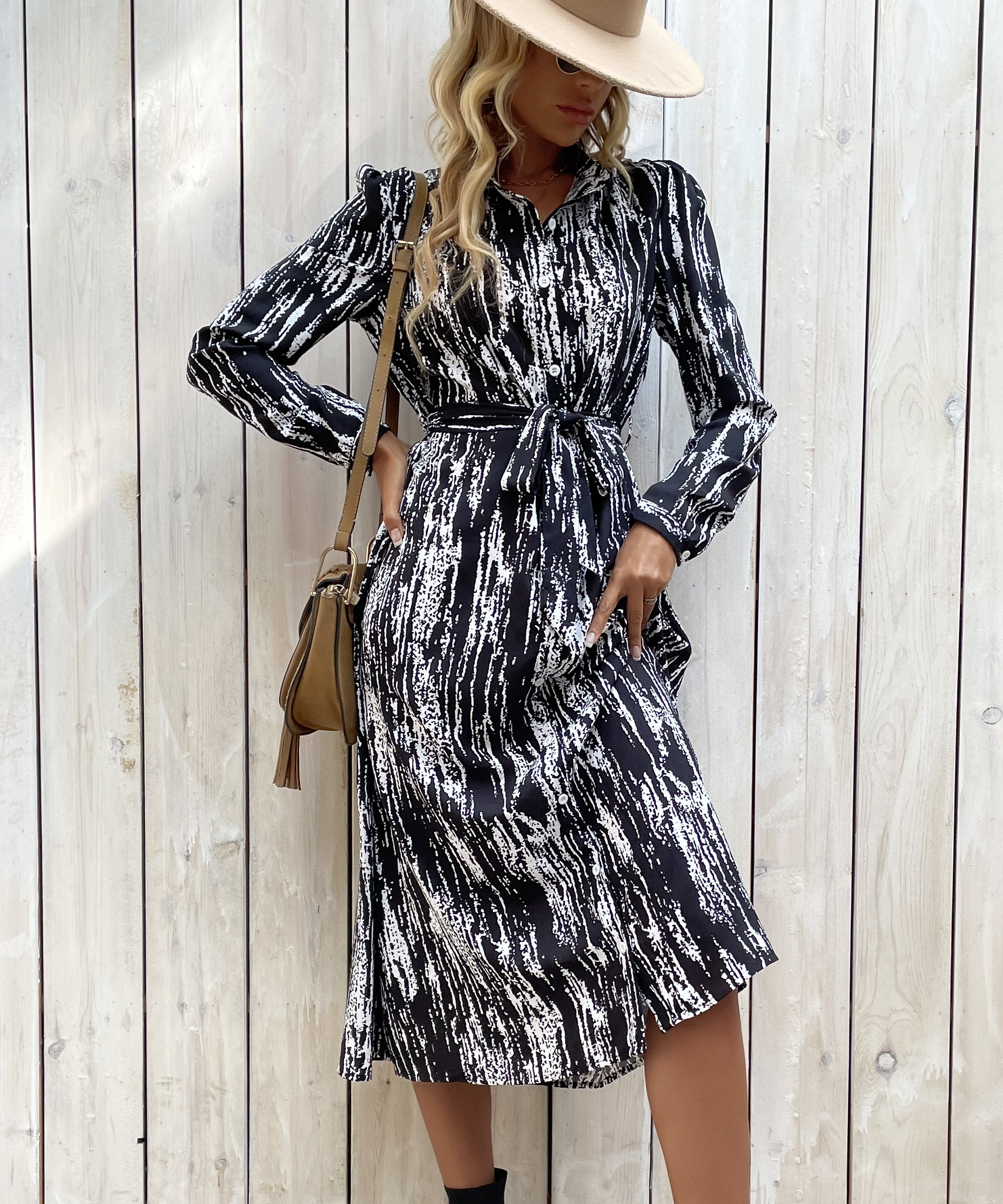Allover Print Button Front Belted Shirt MidiDress