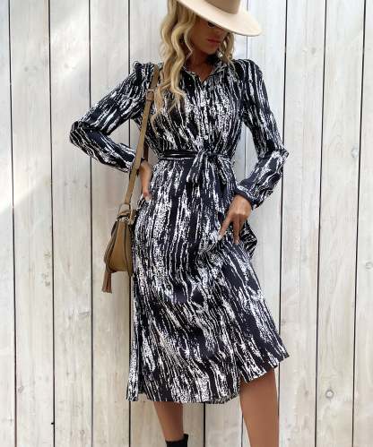 Allover Print Button Front Belted Shirt MidiDress