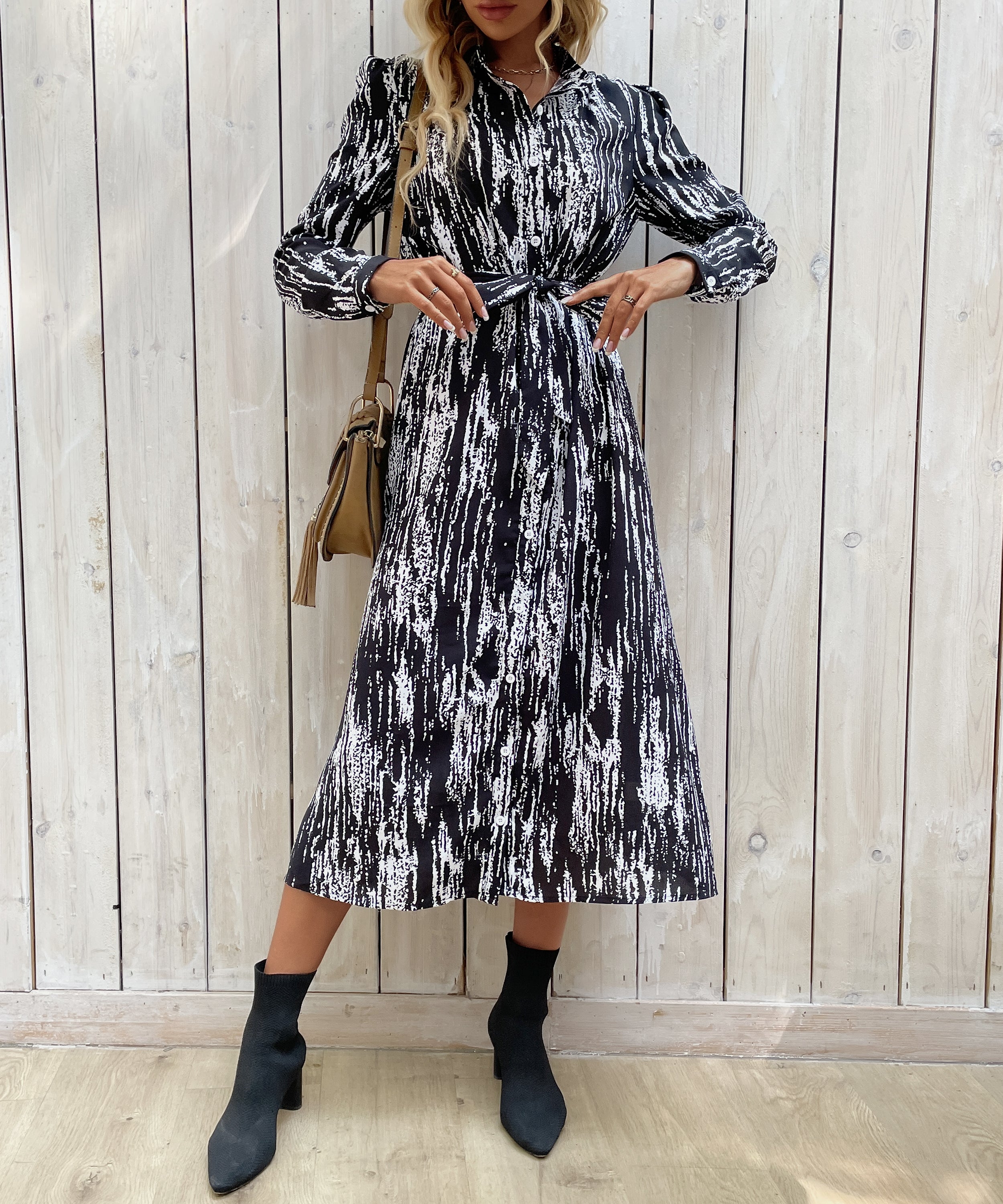 Allover Print Button Front Belted Shirt MidiDress
