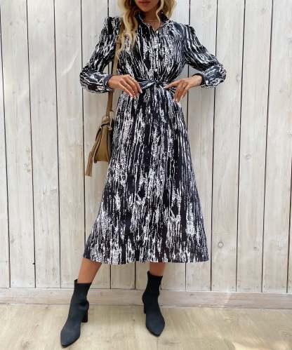 Allover Print Button Front Belted Shirt MidiDress