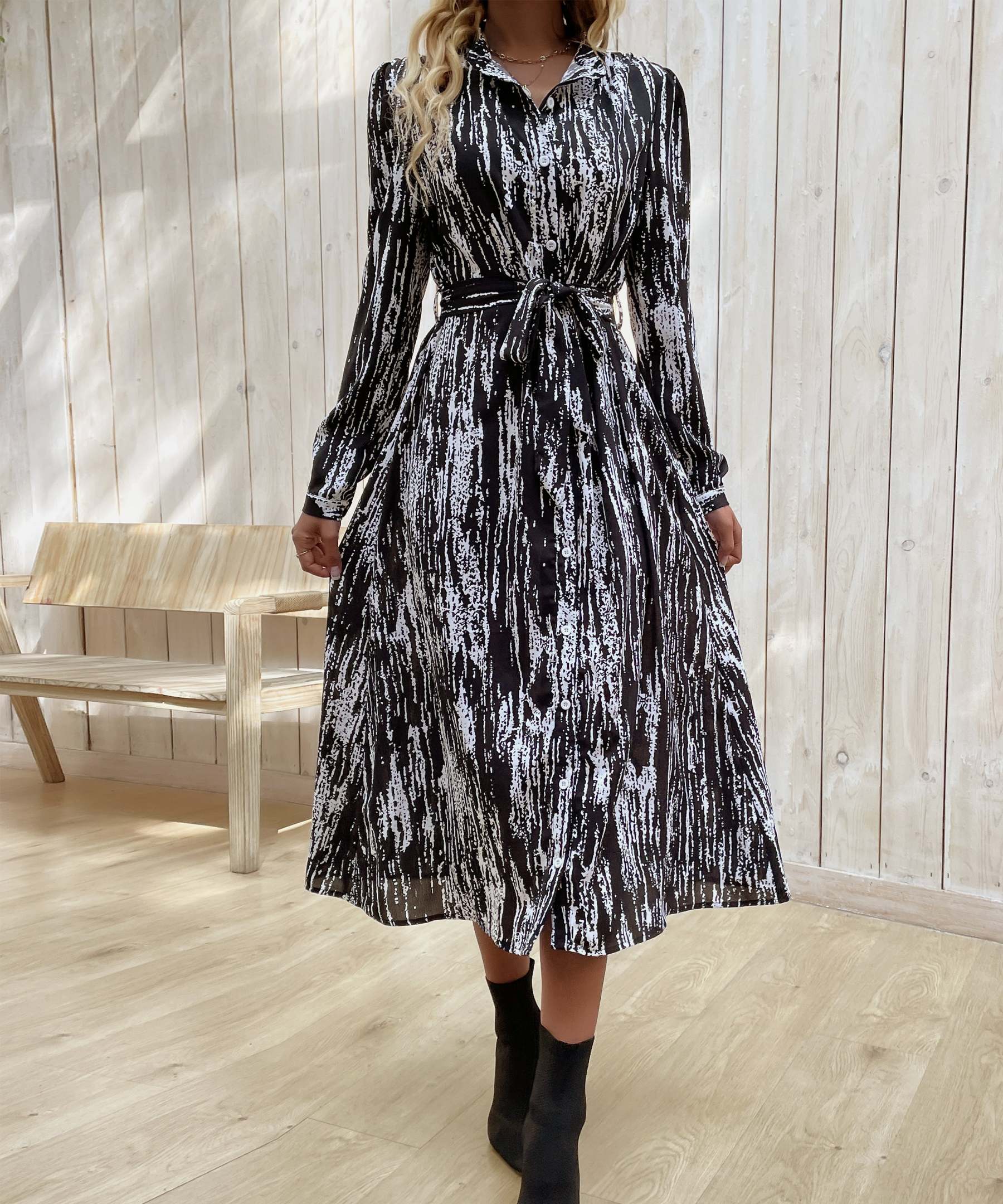 Allover Print Button Front Belted Shirt MidiDress