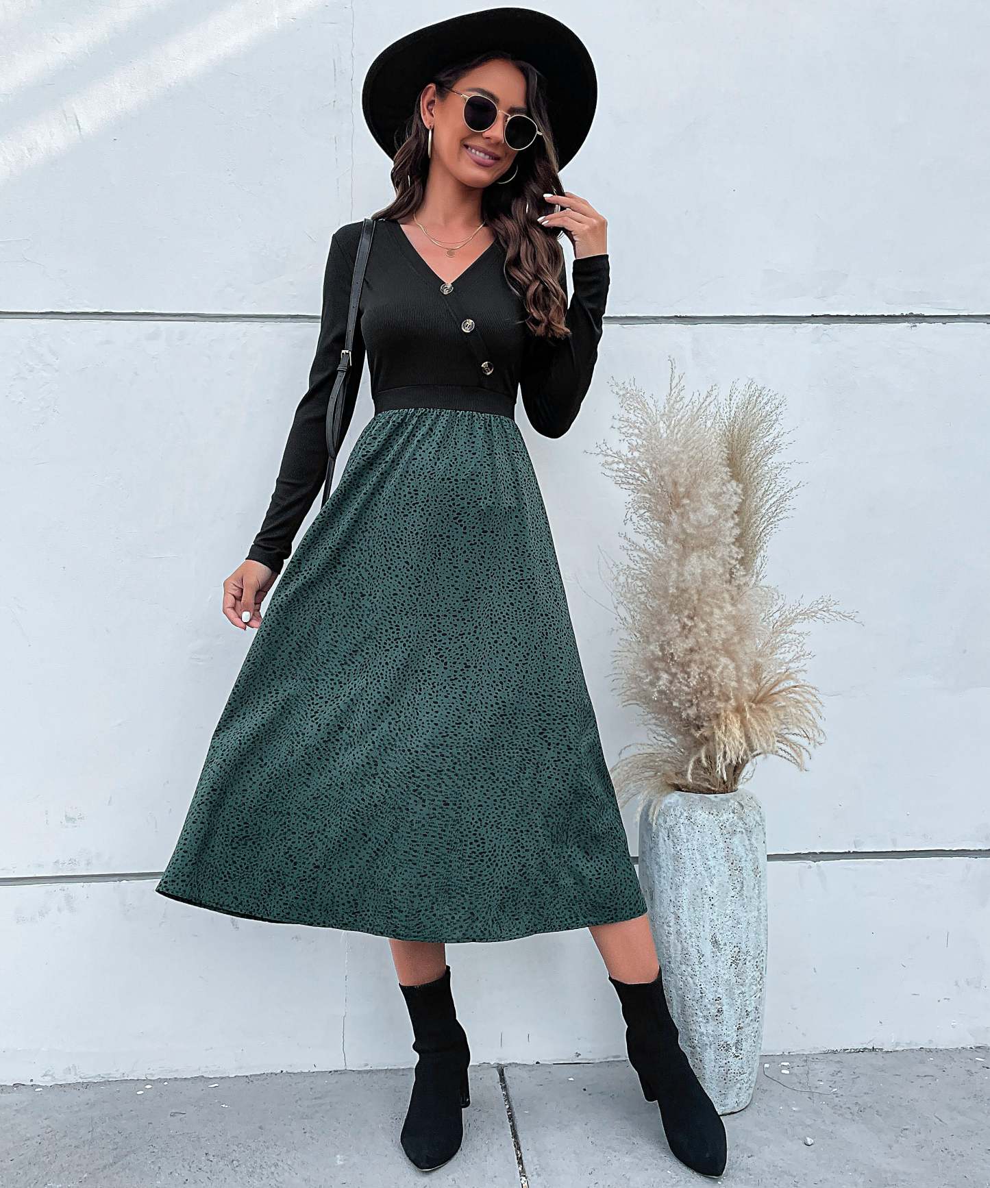 Colorblock Dalmatian Print Button Detail Midi Dress