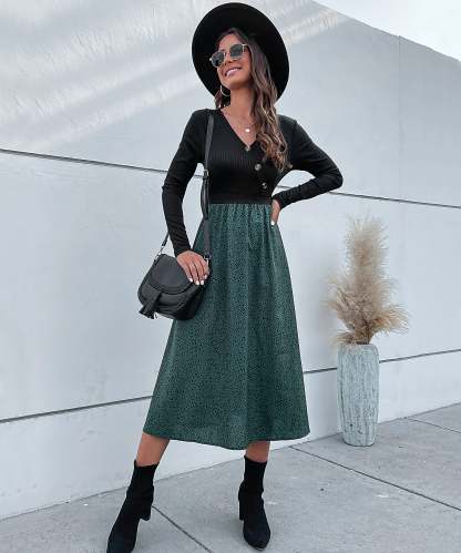 Colorblock Dalmatian Print Button Detail Midi Dress