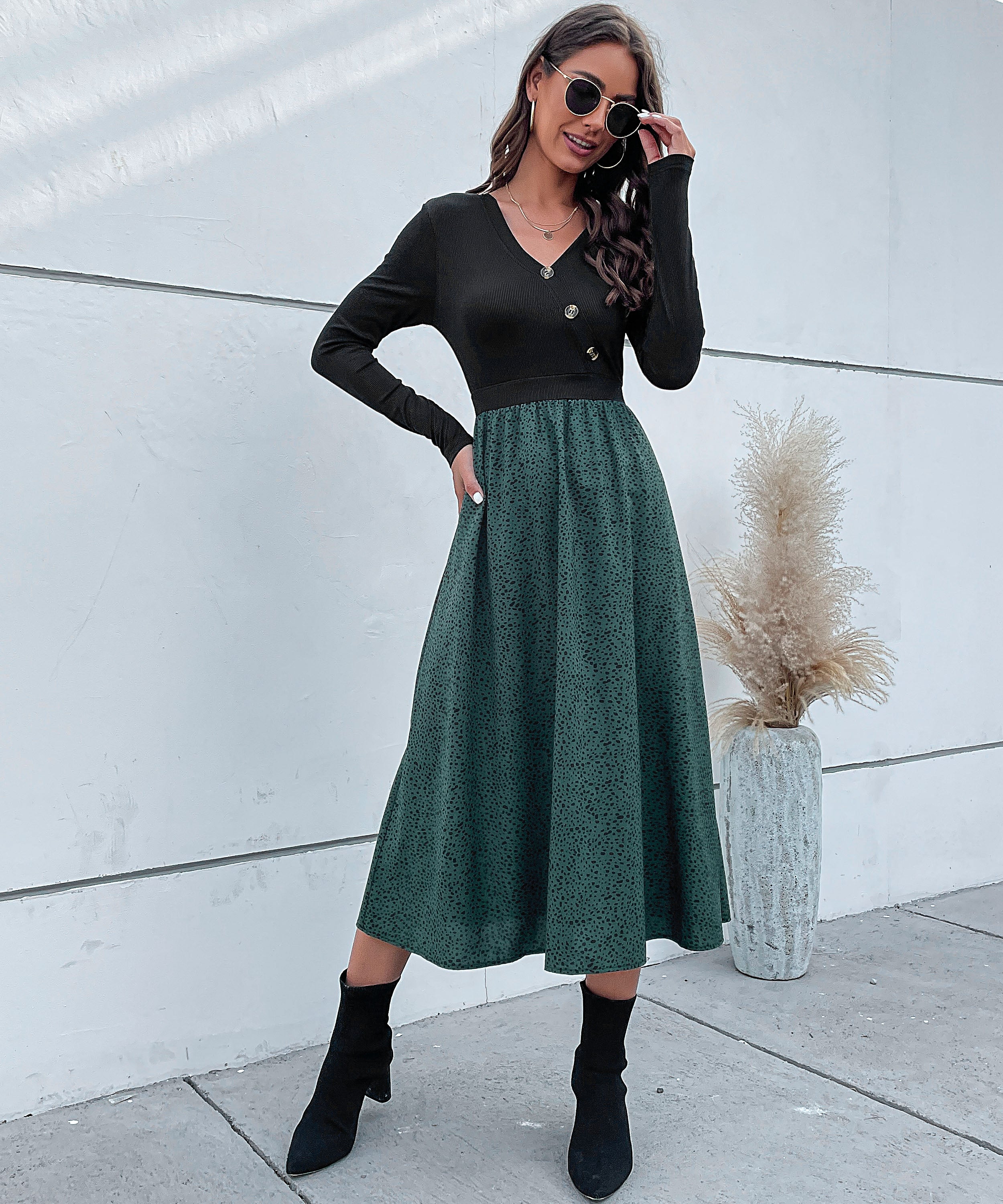 Colorblock Dalmatian Print Button Detail Midi Dress