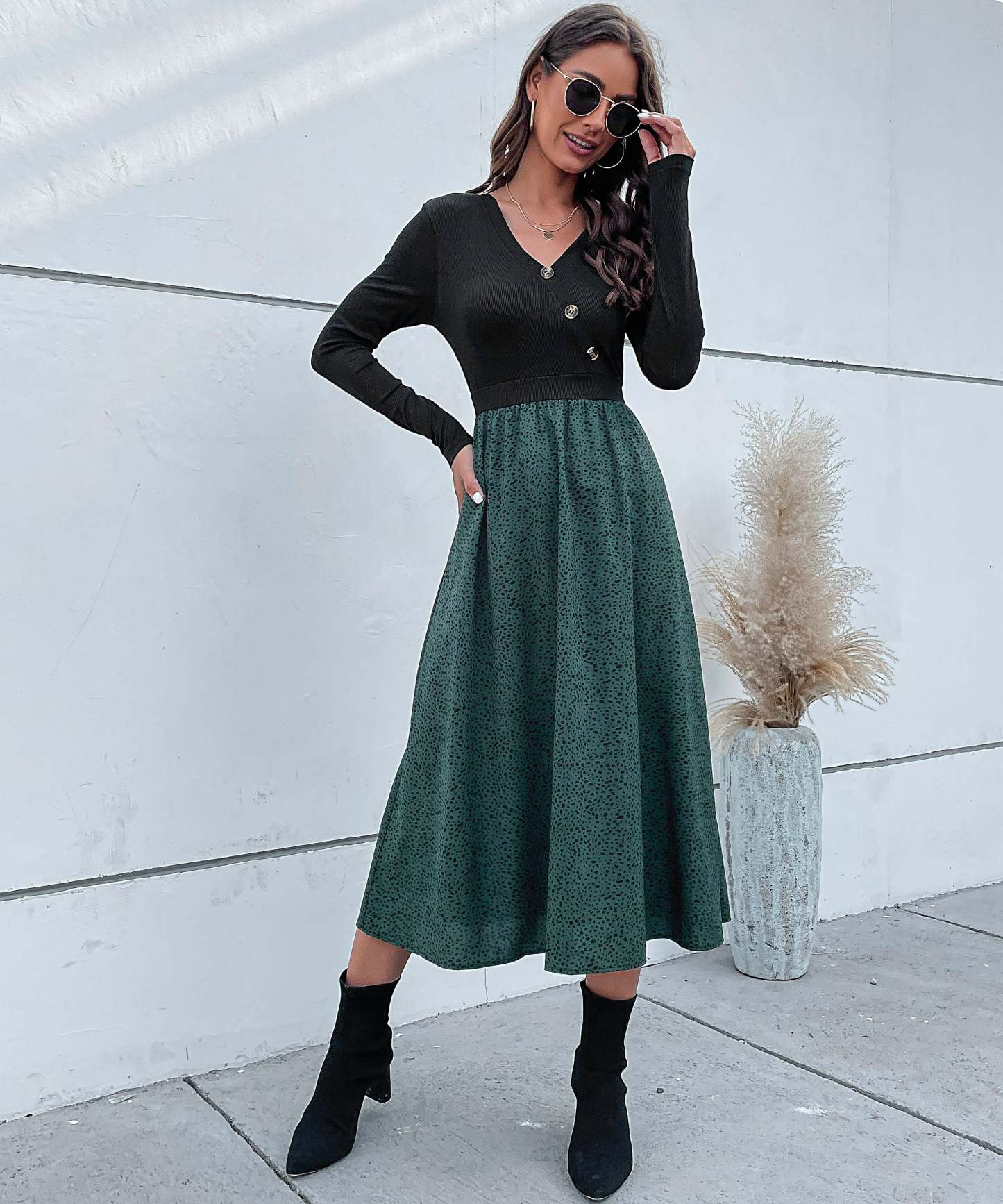 Colorblock Dalmatian Print Button Detail Midi Dress