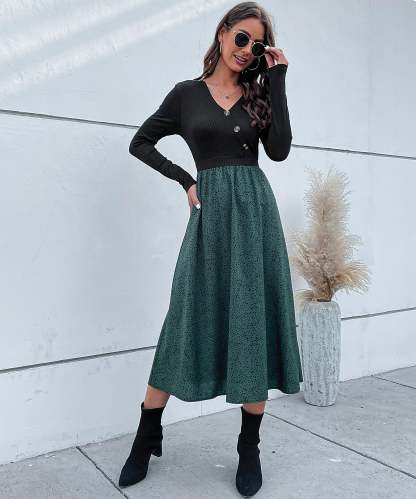 Colorblock Dalmatian Print Button Detail Midi Dress