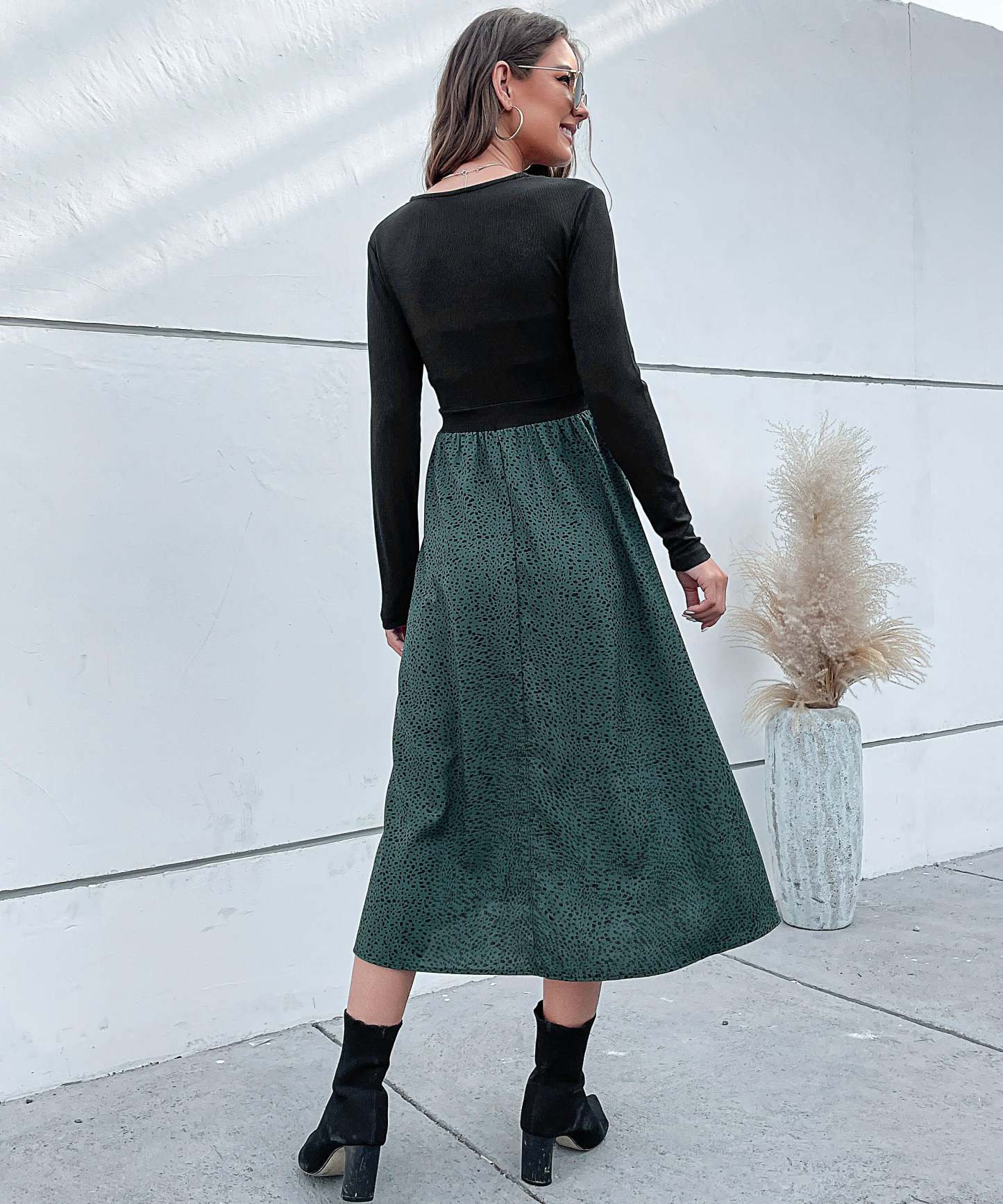 Colorblock Dalmatian Print Button Detail Midi Dress