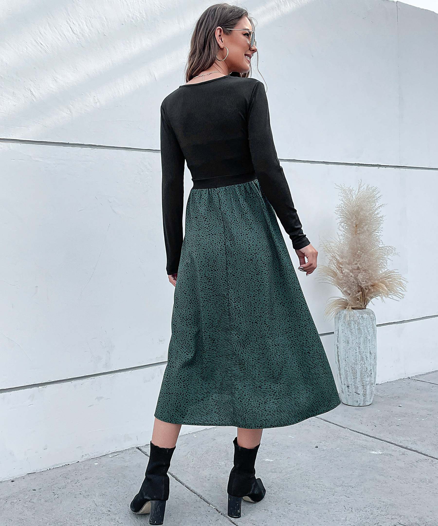 Colorblock Dalmatian Print Button Detail Midi Dress