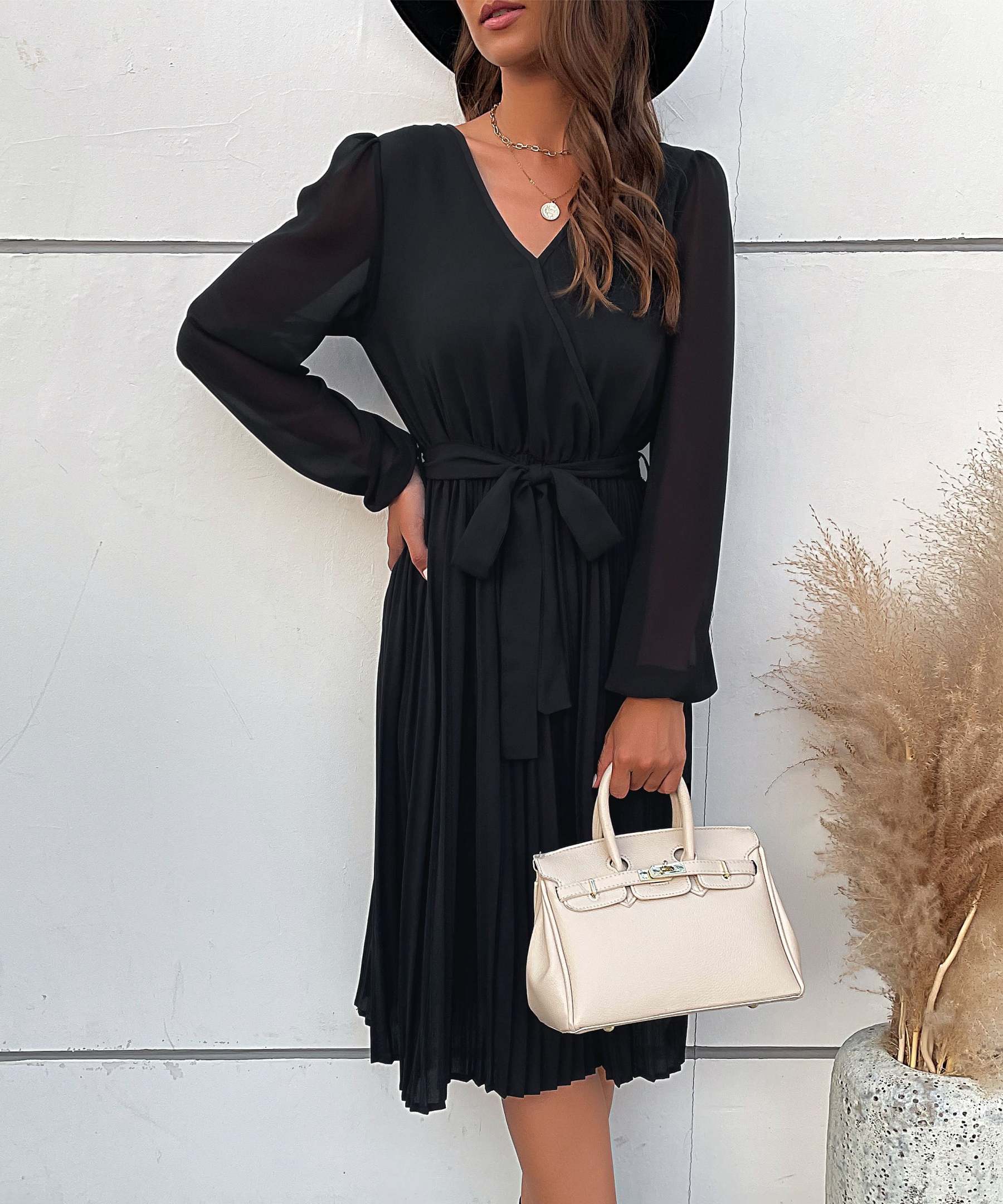 Lantern Sleeve Pleated Hem Belted Dress