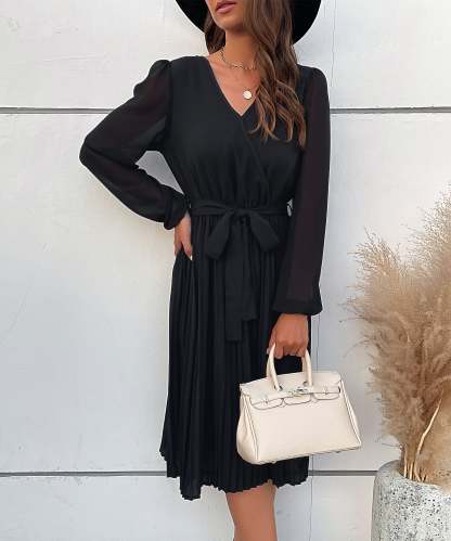 Lantern Sleeve Pleated Hem Belted Dress