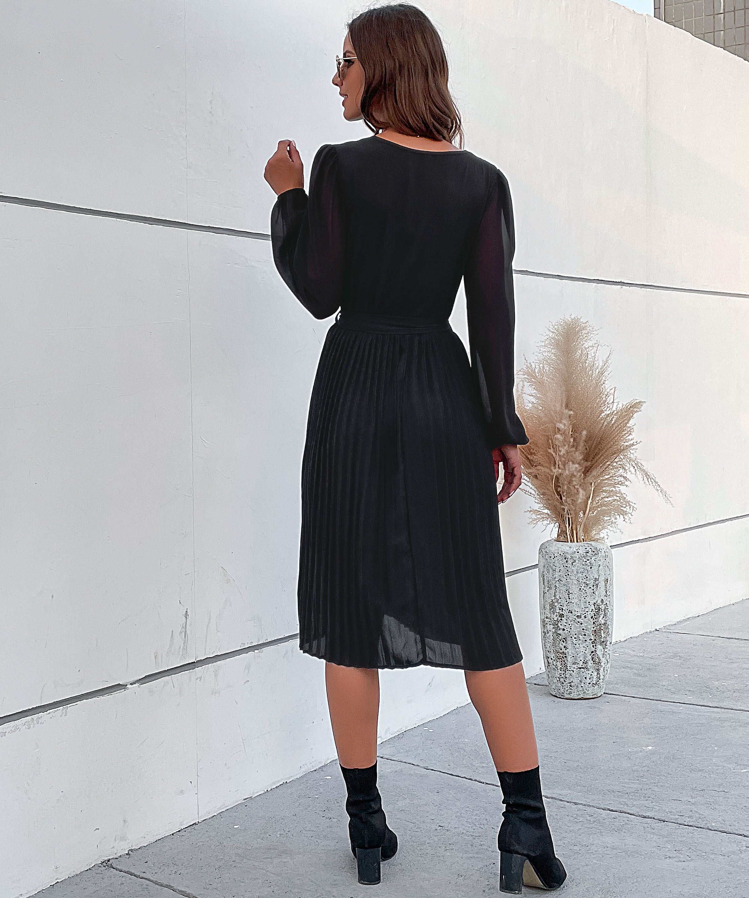 Lantern Sleeve Pleated Hem Belted Dress