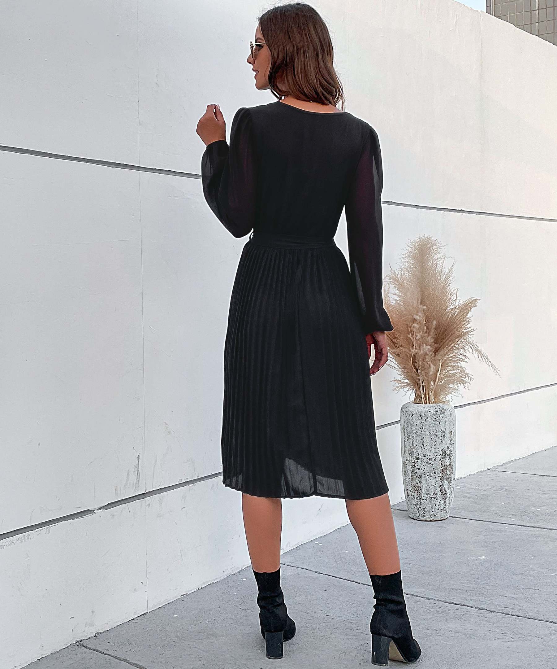 Lantern Sleeve Pleated Hem Belted Dress