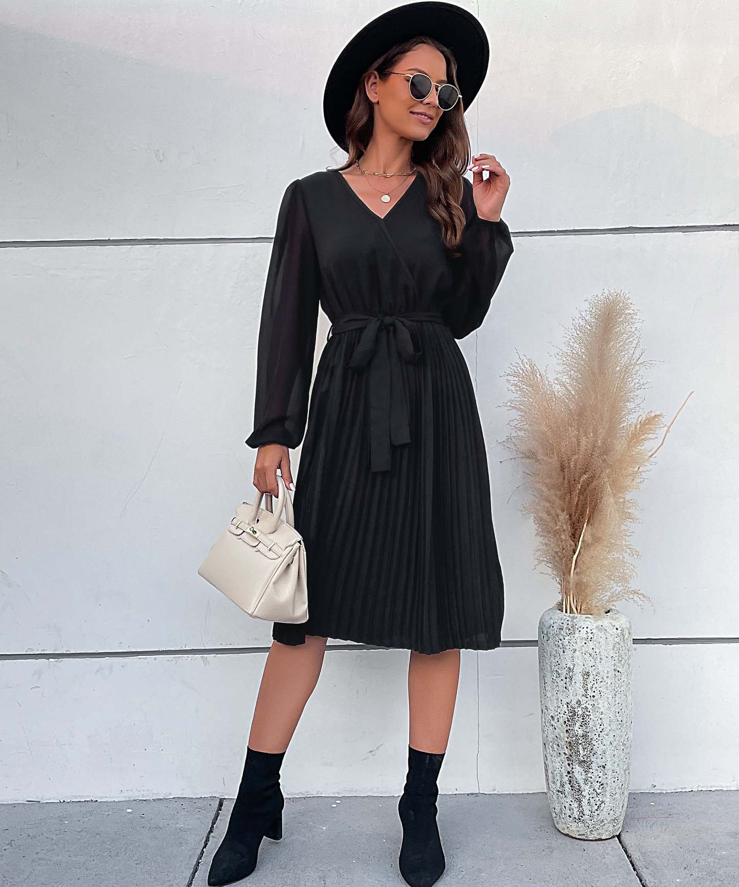 Lantern Sleeve Pleated Hem Belted Dress