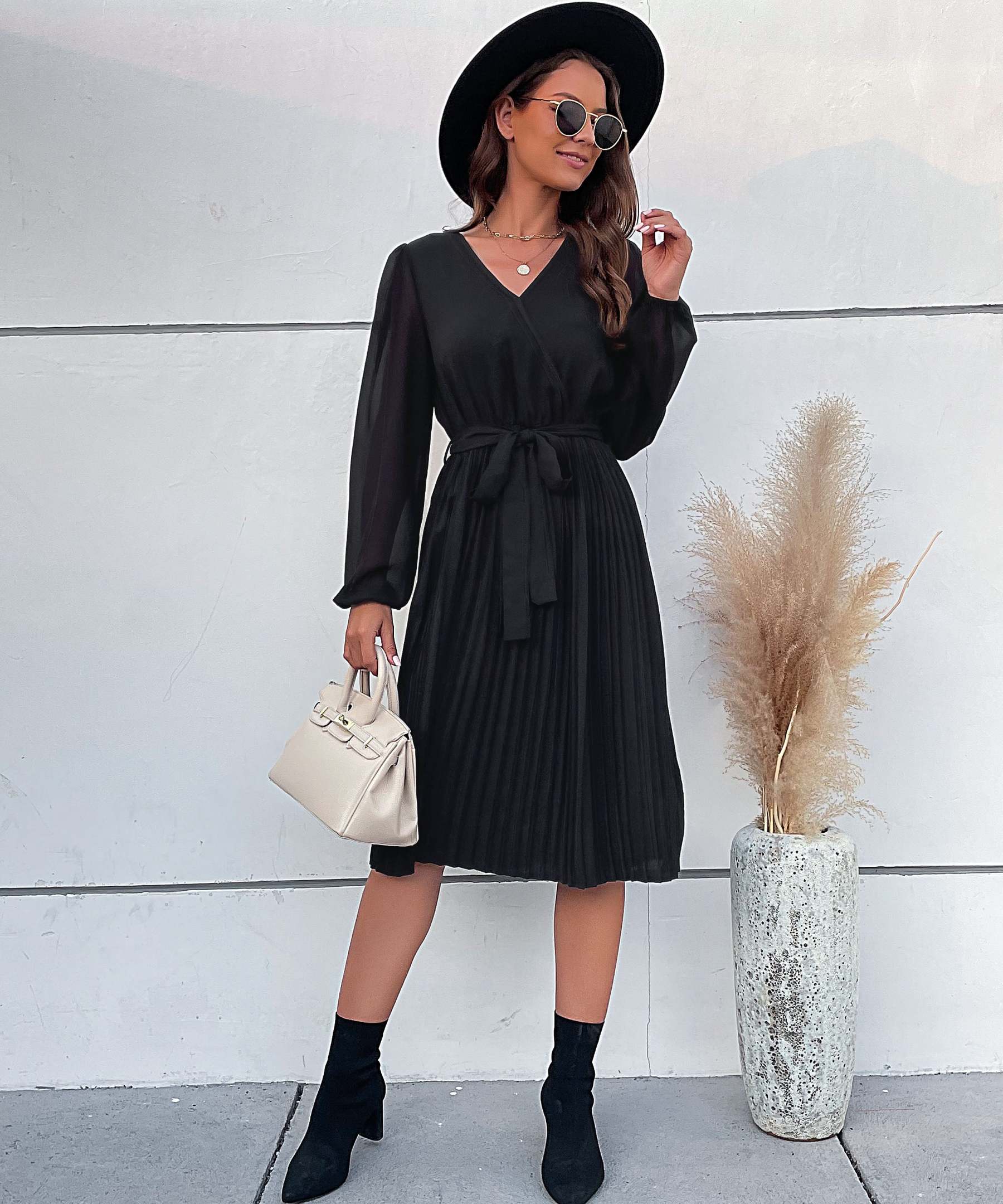 Lantern Sleeve Pleated Hem Belted Dress