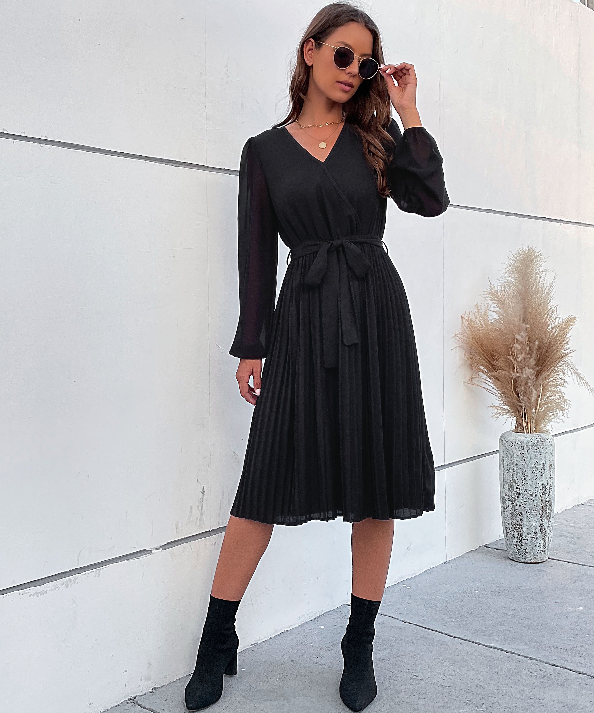Lantern Sleeve Pleated Hem Belted Dress