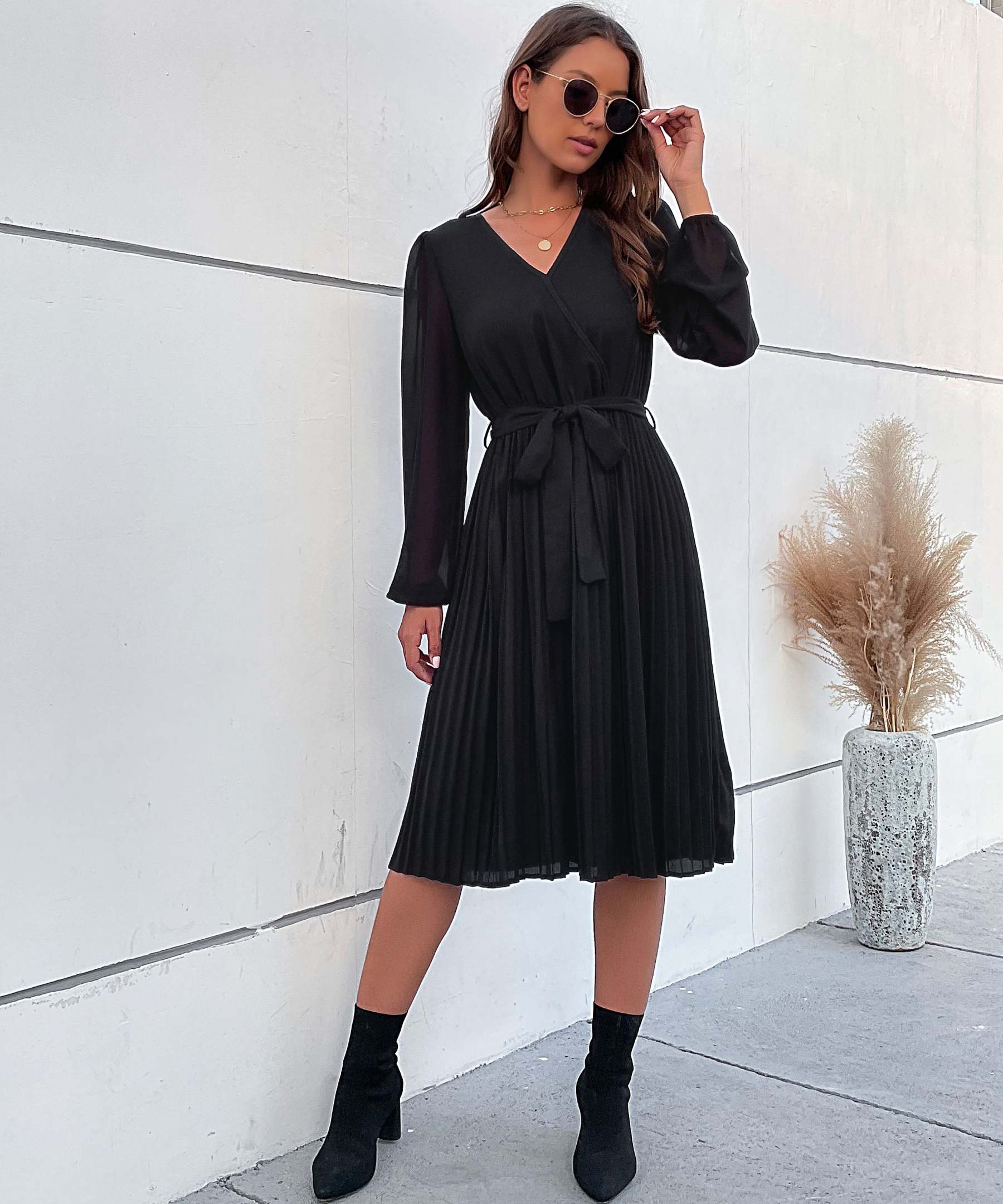 Lantern Sleeve Pleated Hem Belted Dress