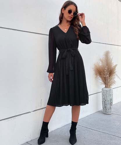 Lantern Sleeve Pleated Hem Belted Dress