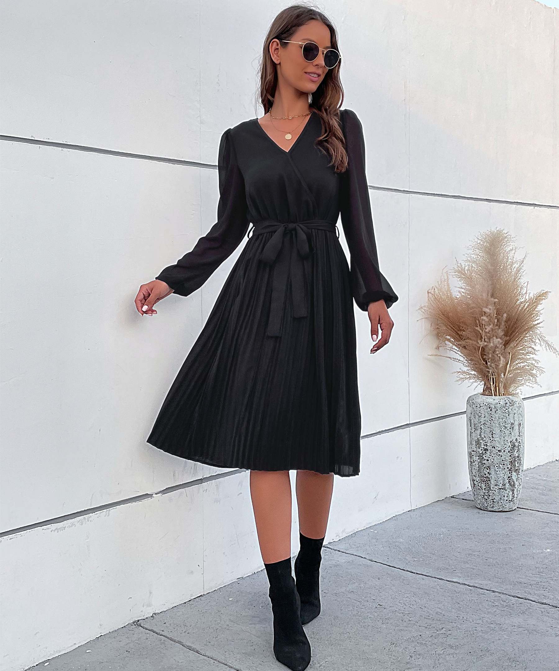 Lantern Sleeve Pleated Hem Belted Dress
